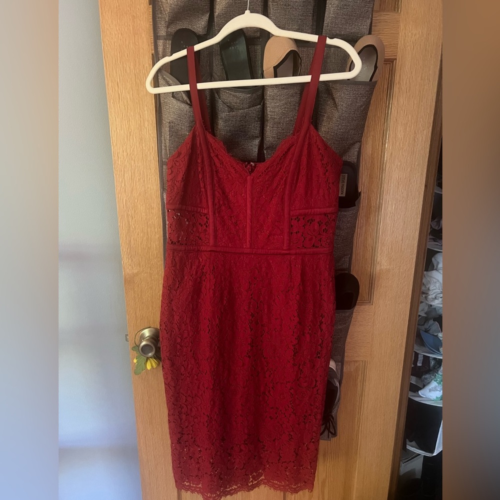 Express Red Piped Lace Sheath Midi Dress